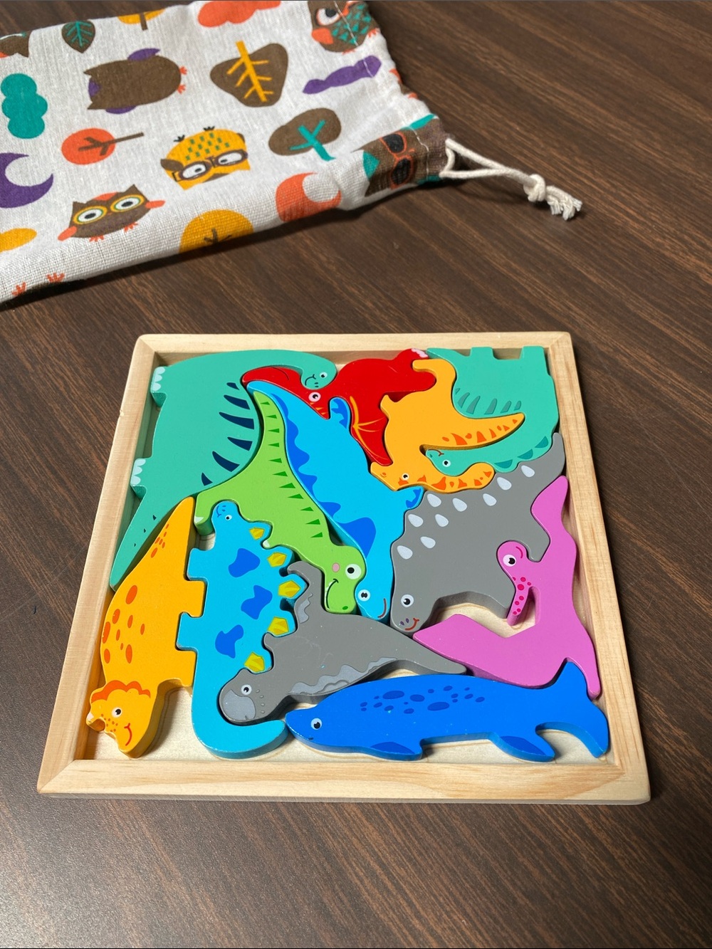 Dinosaur Multicolor Puzzle Wooden Toy Set & Owl Cotton Bag